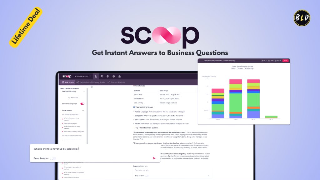 BDealReviews's tweet card. Unlock the Scoop Analytics Lifetime Deal! Transform data analysis. Chat with your business data, get quick answers, and uncover key trends.
