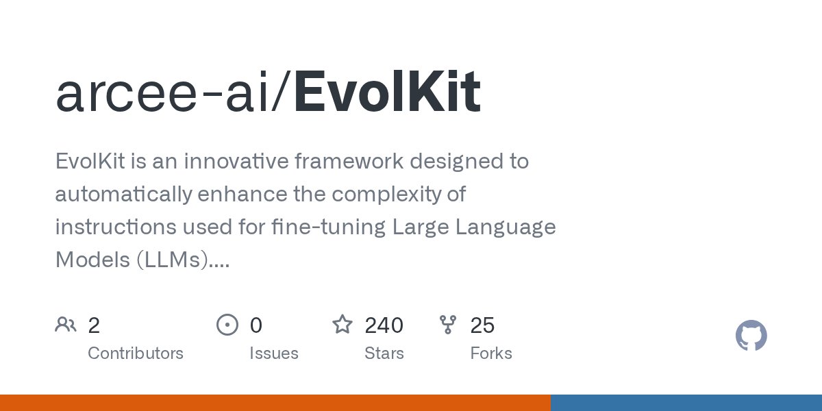 stablequan's tweet card. EvolKit is an innovative framework designed to automatically enhance the complexity of instructions used for fine-tuning Large Language Models (LLMs). - GitHub - arcee-ai/EvolKit: EvolKit is an in...