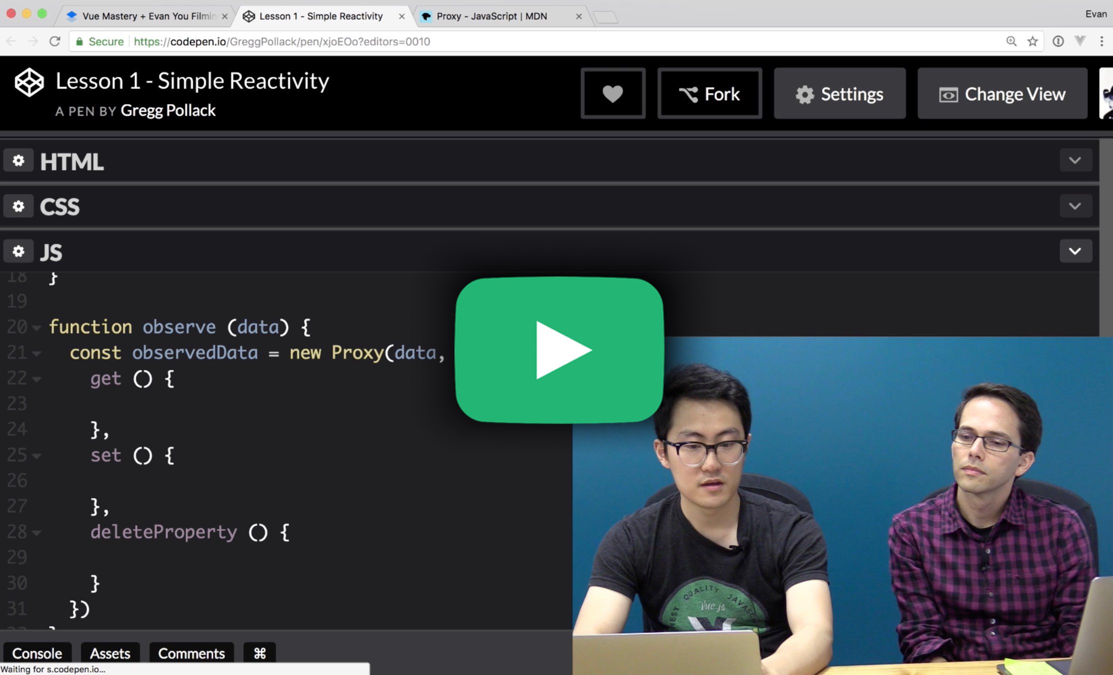 VueMastery's tweet card. Watch commentary with Evan You explaining proxy based reactivity.