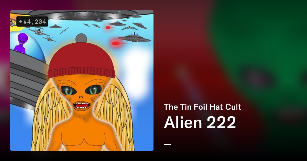 TFHcultNFTs's tweet card. The Tin Foil Hat Cult are a collection of 10,000 randomly generated characters inspired by aliens.