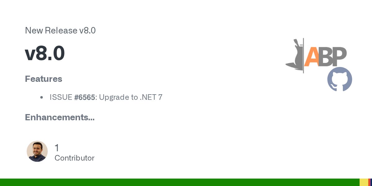 aspboilerplate's tweet card. Features ISSUE #6565: Upgrade to .NET 7 Enhancements ISSUE #6541: Add version number to abp.js Others ISSUE #6602: why not set app.UseAuthorization in HostProject( startup.cs) ISSUE #6586: Abp...