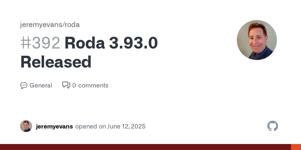 jeremyevans0's tweet card. Roda 3.93.0 has been released: New Features The typecast_params plugin handle_type method now supports an :invalid_value_message option, for a custom error message for the type, explaining why the ...