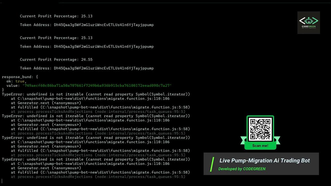 codegreenbot's tweet card. Pump.Fun Live Trading by "CodeGreen AI Migration Bot" @breaktheloop0...