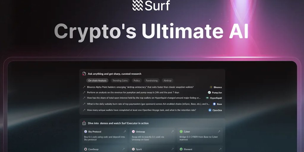 Surf_Copilot's tweet card. Meet Surf— a specialized AI agent that turns crypto noise into action. One place for research and execution with real-time social sentiment + blockchain data. Understand concepts like RWA and...