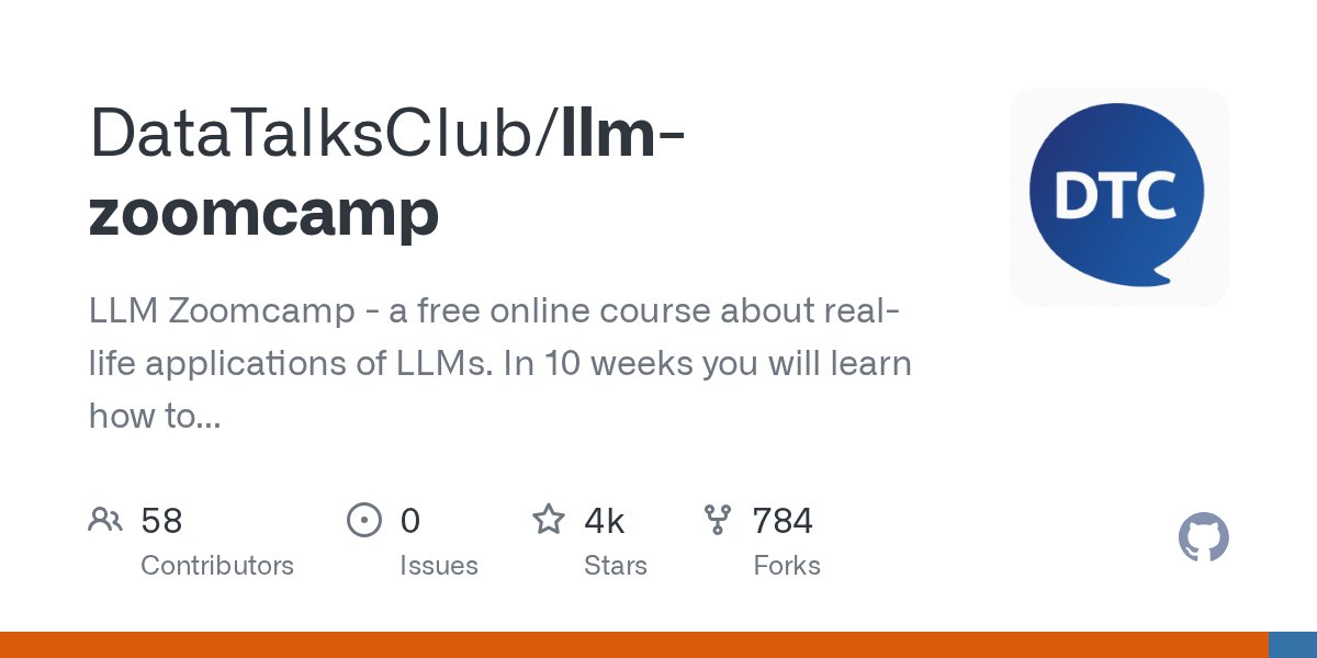 anuragtech5's tweet card. LLM Zoomcamp - a free online course about real-life applications of LLMs. In 10 weeks you will learn how to build an AI system that answers questions about your knowledge base. - DataTalksClub/llm-...