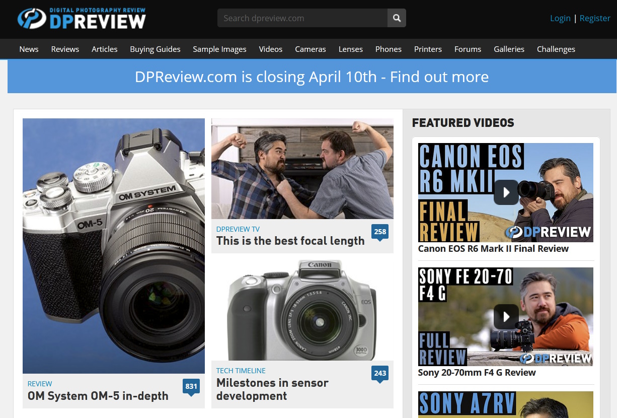 ControlAltRead's tweet card. After 25 years of extremely detailed reviews of digital cameras, the irreplaceable DPReview is being shut down by Amazon as layoffs continue.