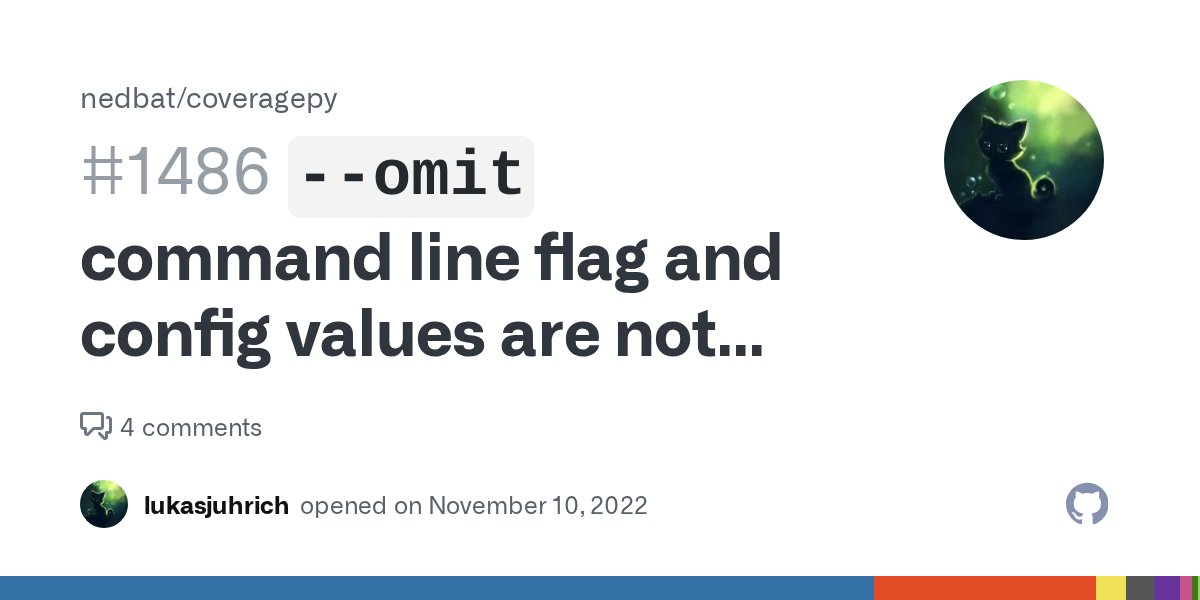 coveragepy's tweet card. Describe the bug I hope this is not a duplicate, I've looked for a while I am in a situation where I do not have control over the --omit flag under which the coverage process is ran (pycharm do...