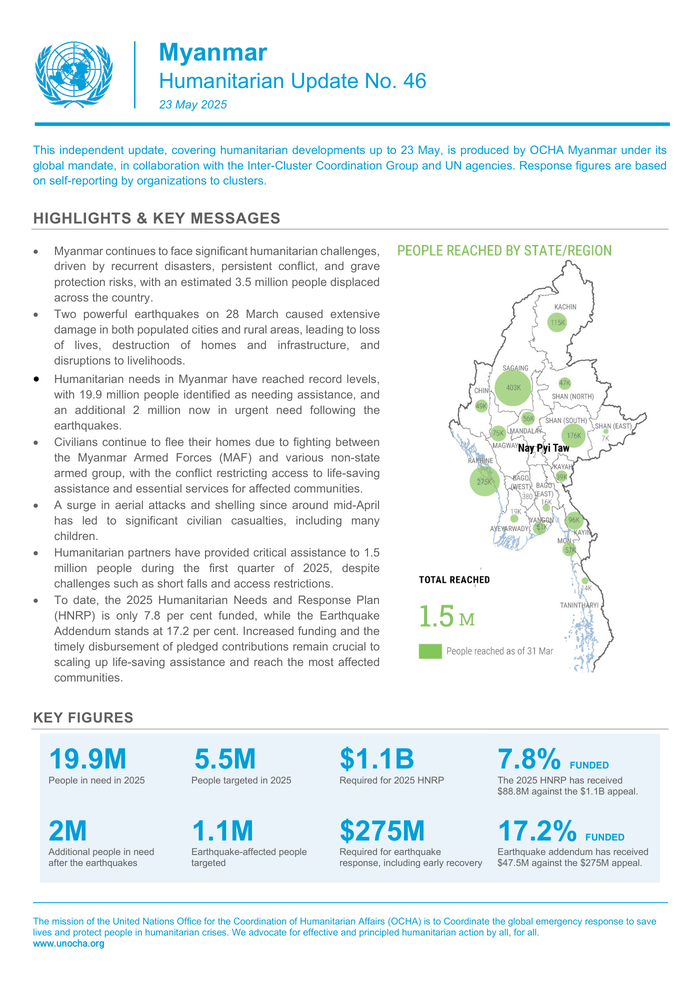 NUGPressSPOX's tweet card. Situation Report in English on Myanmar about Food and Nutrition, Health, Earthquake, Heat Wave and more; published on 23 May 2025 by OCHA
