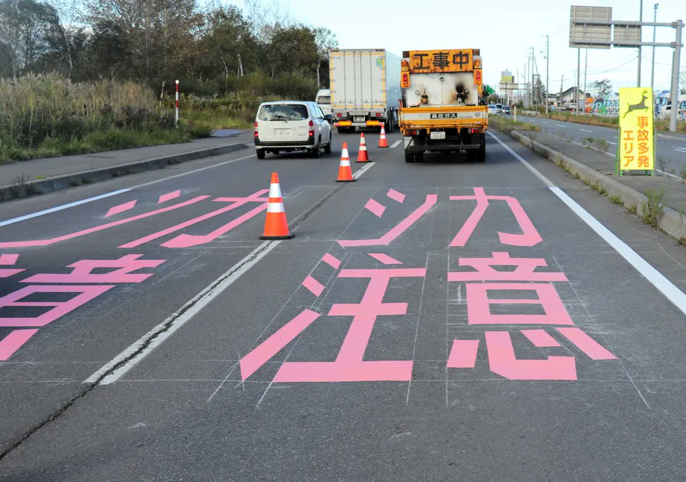 doshinweb's tweet card. 【苫小牧】エゾシカと車両の衝突事故が多発している苫小牧市内の国道36号で10日、ドライバーに注意喚起するための路面標示が施された。...