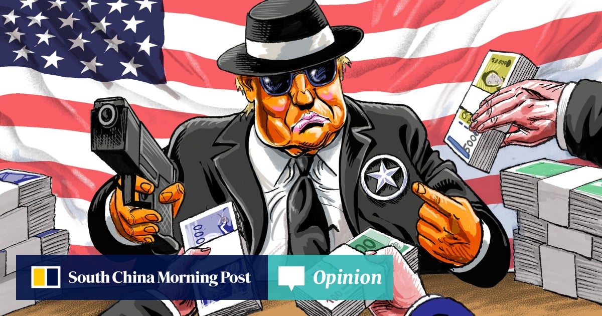 SCMPNews's tweet card. While the post-war plan saw America send money and aid to revive Europe, Trump’s aim is to commandeer funds from Japan, South Korea and the EU for US aims.