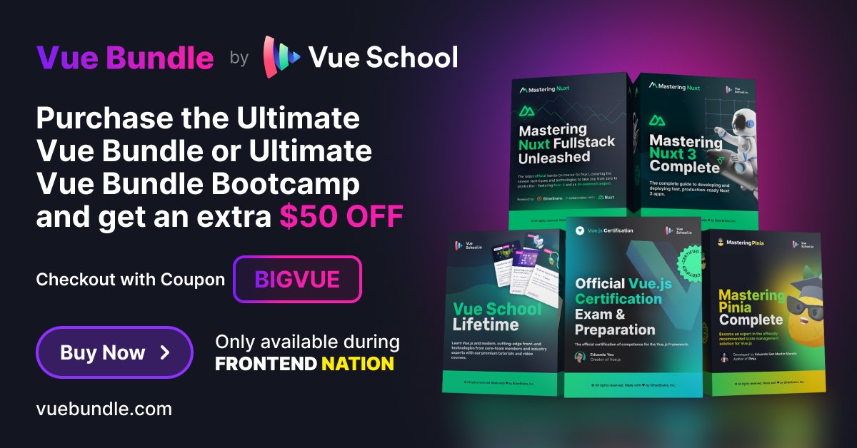 VueSchool_io's tweet card. Course bundles with all you will need to master the full Vue.js Ecosystem and the official Vue.js certification to prove it! Enjoy big savings the more you buy.