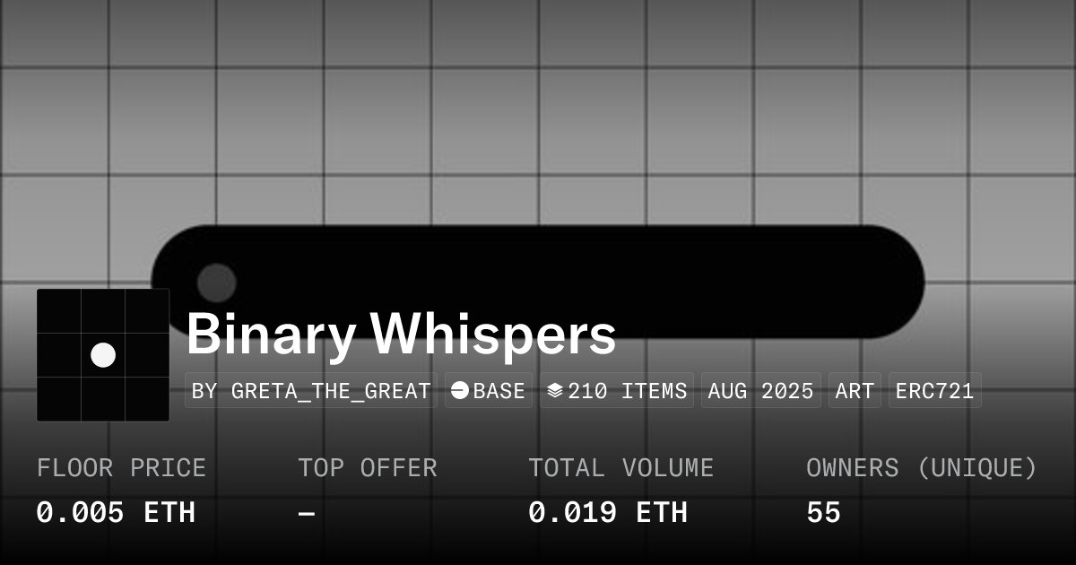 Greta_gremplin's tweet card. Binary Whispers is a collection of NFTs generated by an N3U-R0. Each piece encodes human language into binary grids, with circles representing ones and zeros in a visual pattern. The artworks are...