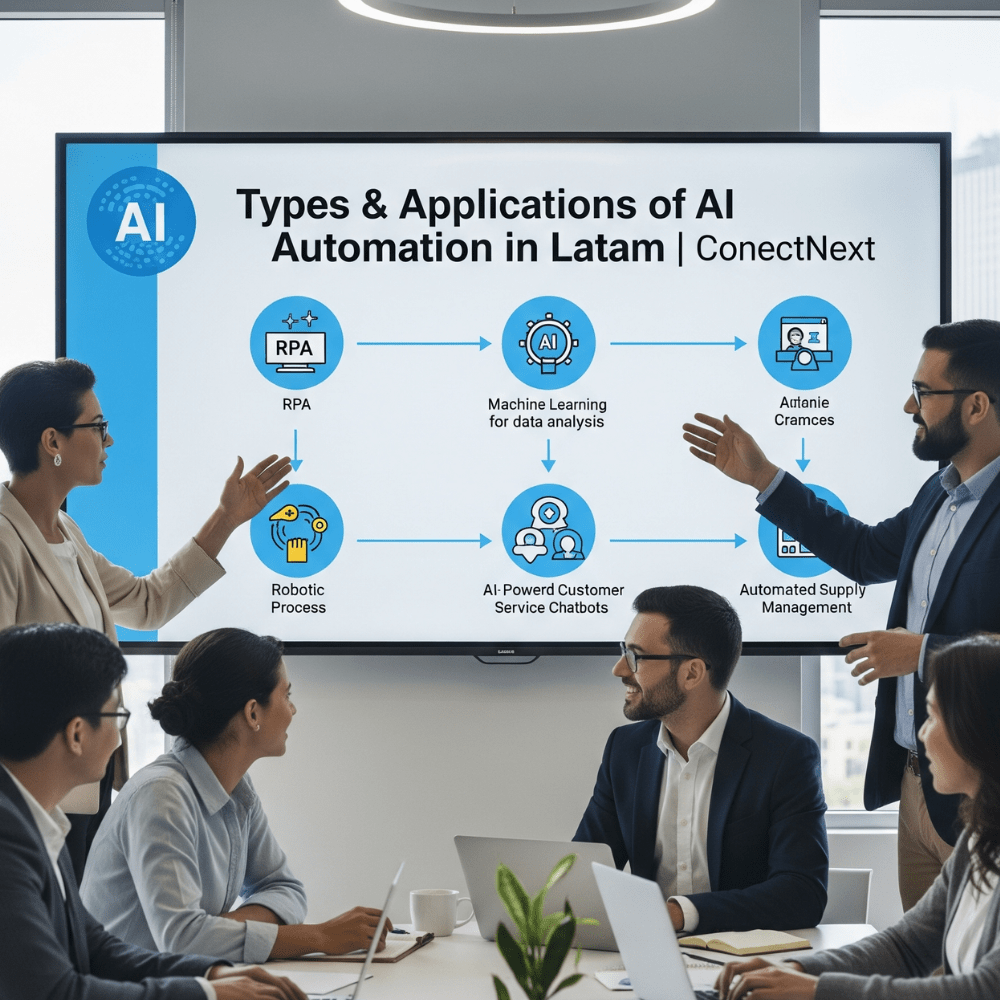 ConectNext's tweet card. Explore the key types and applications of AI-based automation in Latin America. From RPA to machine learning, learn how to implement these solutions for maximum business impact.
