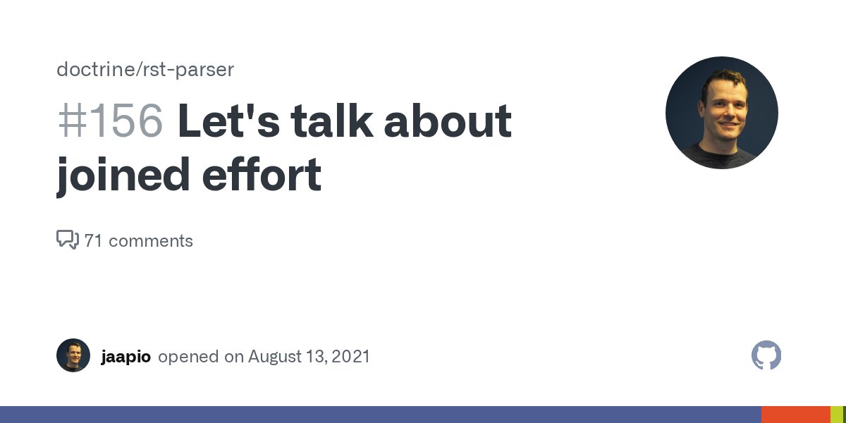 wouterjnl's tweet card. Thanks @stof for reaching out to the phpDocumentor team. I would like to talk to you guys for a moment about the doctrine/rst-parser. Which we integrated in phpDocumentor. More that a year ago we h...