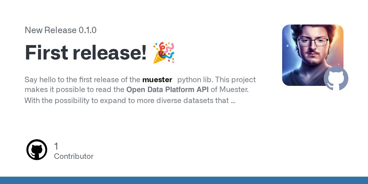 MisterAssistant's tweet card. Say hello to the first release of the muester python lib. This project makes it possible to read the Open Data Platform API of Muester. With the possibility to expand to more diverse datasets that ...