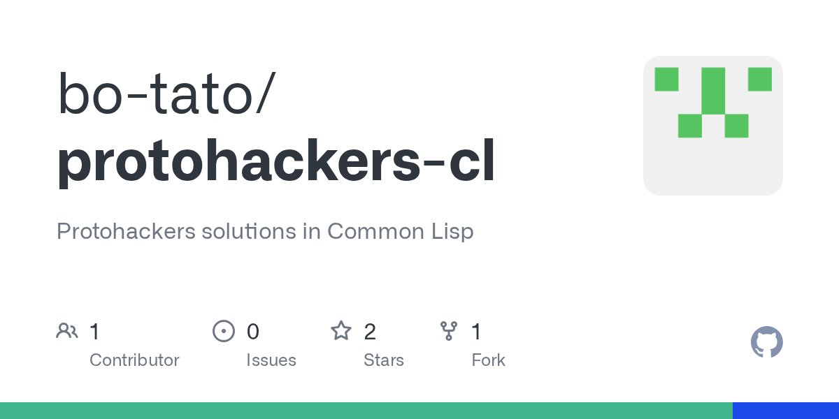 NewLispRepos's tweet card. Protohackers solutions in Common Lisp. Contribute to bo-tato/protohackers-cl development by creating an account on GitHub.