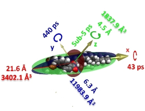 ChemPhotoChem's tweet card. The ellipsoidal geometry of the BODIPY-Ar-chol molecule results in a tri-exponential decay of anisotropy dynamics. The molecule‘s radius along the y-axis is 6.3 Å and fluid volume displaced by...
