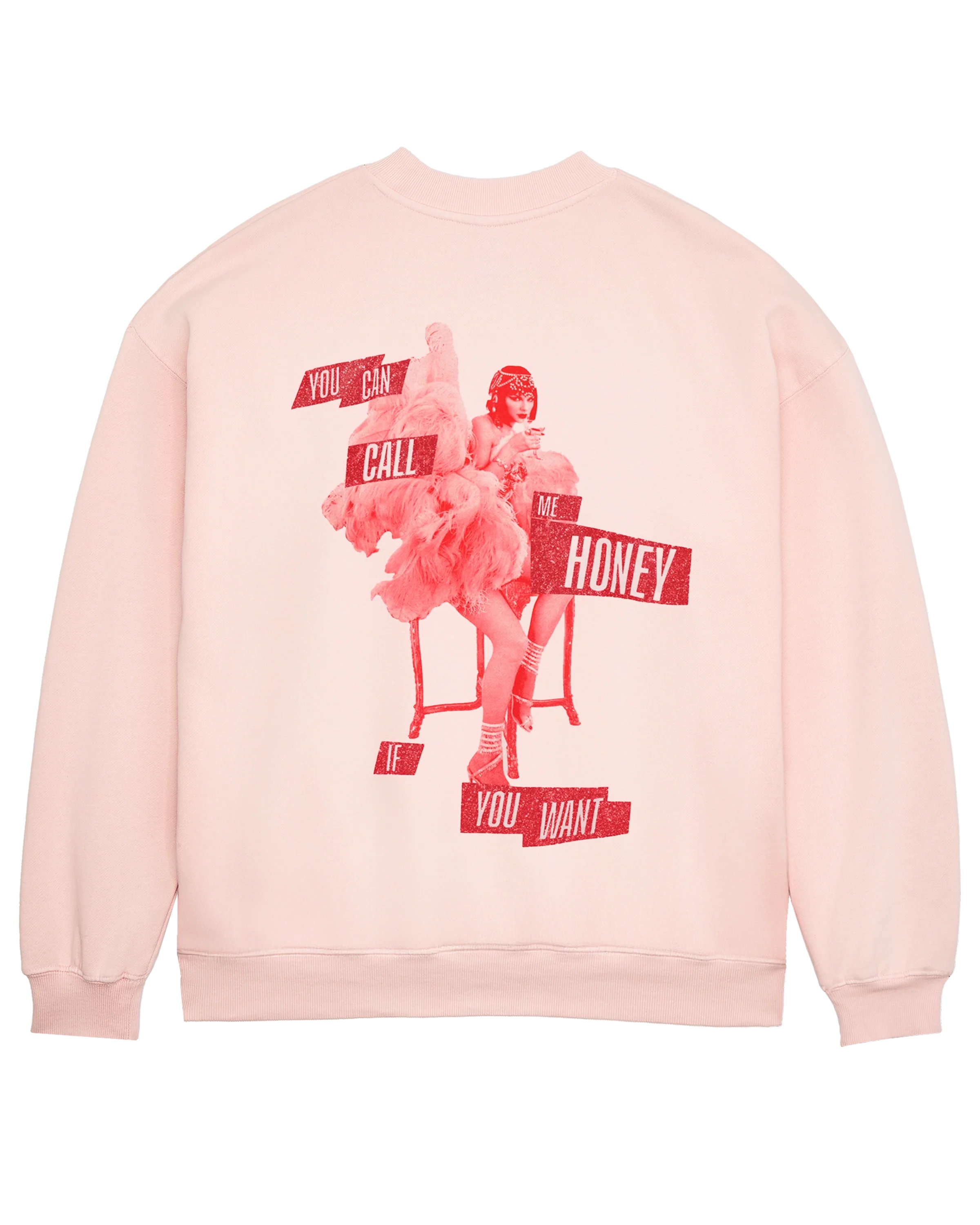 AlertsForMerch's tweet card. Pink long sleeve crewneck sweatshirt featuring "The Life of a Showgirl" album logo in red sparkle print on front and "You can call me honey if you want" song lyrics in red sparkle with photo of...
