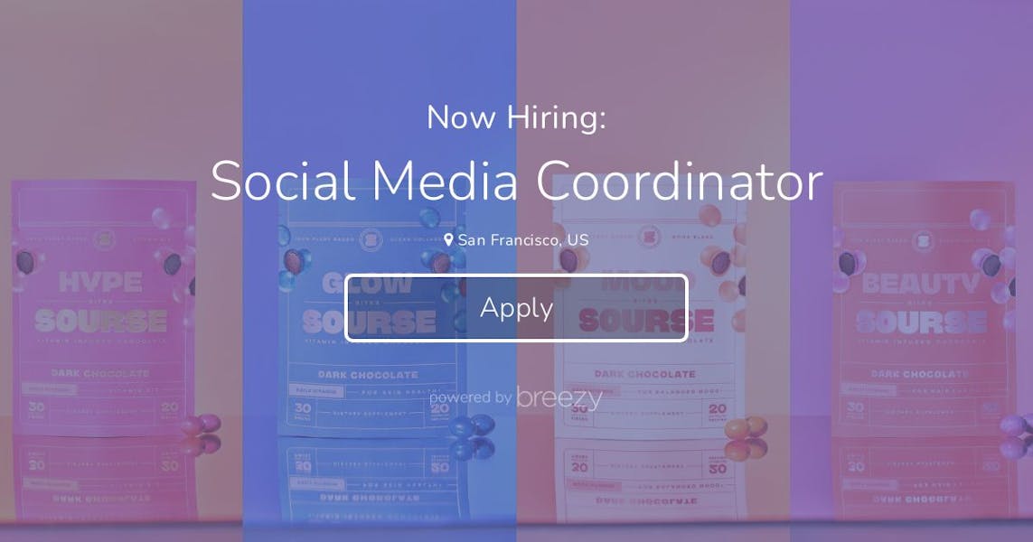 SOJCCareers's tweet card. Social Media CoordinatorSan Francisco, CA About SourseLaunched in August 2020, Sourse is the first vitamin-infused chocolate with clinically-backed dosage guidelines and ingredients proven to...