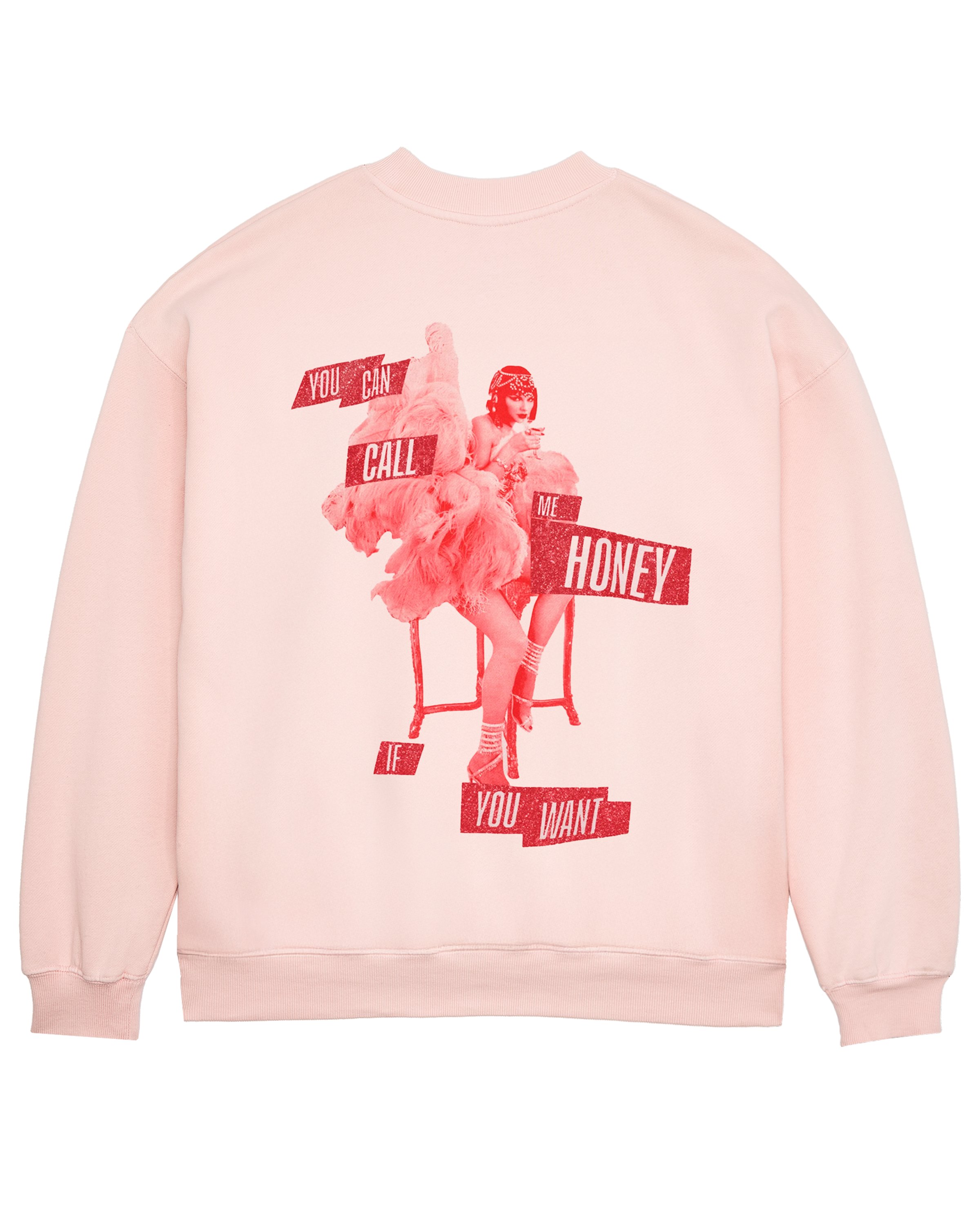 swiftpitch_uk's tweet card. Ships within 3 daysPink long sleeve crewneck sweatshirt featuring "The Life of a Showgirl" album logo in red sparkle print on front and "you can call me honey if you want" song lyrics in red glitter...