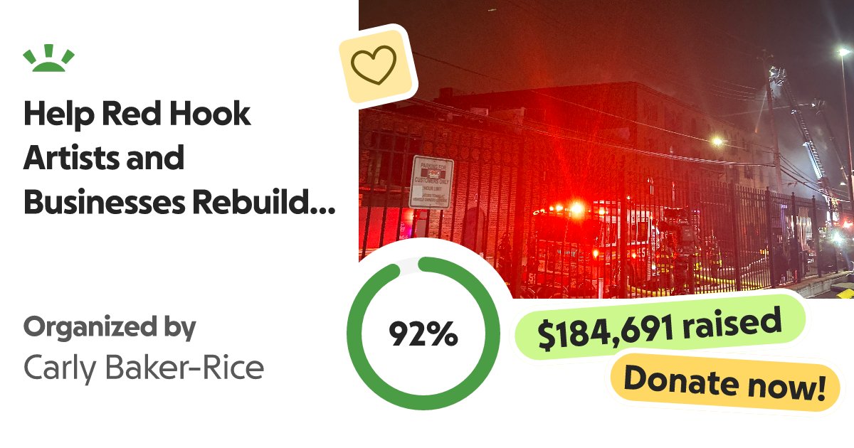 Nick_Offerman's tweet card. Please read in full for ways to direct your funds and see lin… Carly Baker-Rice needs your support for Help Red Hook Artists and Businesses Rebuild After Fire