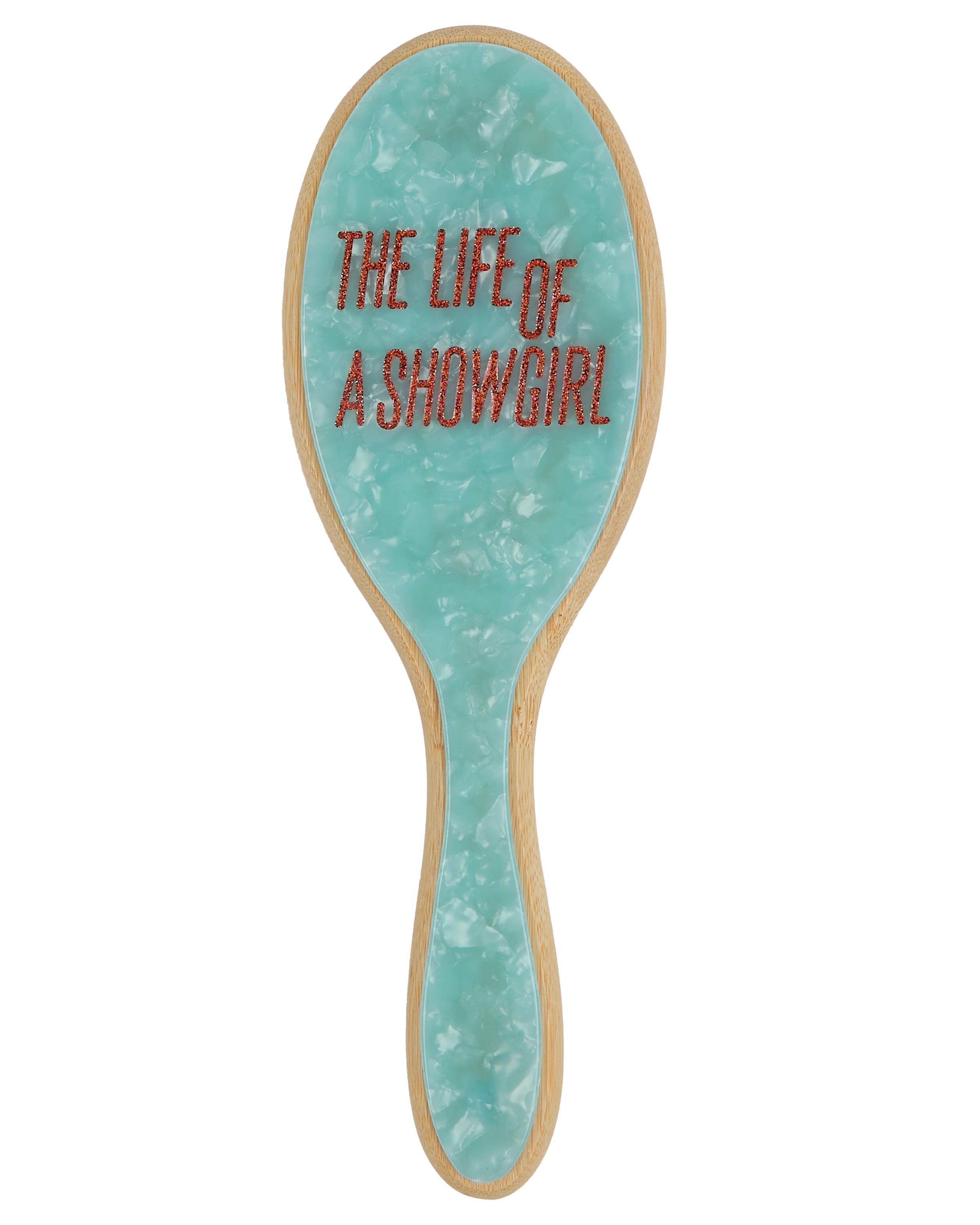 Alerts4Merch_CA's tweet card. MINT GREEN PEARLESCENT HAIRBRUSH FEATURING "THE LIFE OF A SHOWGIRL" ALBUM LOGO IN ORANGE SPARKLE PRINTED ON BACK OF BRUSH AND "TAYLOR SWIFT" LOGO PRINTED ON FRONT OF HANDLE.   CELLULOSE ACETATE AND...