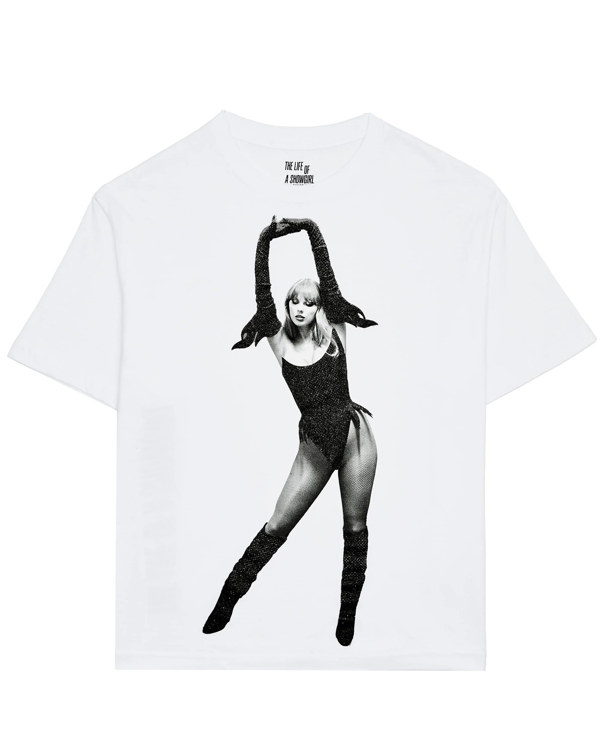 Alerts4Merch_CA's tweet card. WHITE T-SHIRT FEATURING PHOTO OF TAYLOR SWIFT WITH BLACK GLITTER OUTFIT ACCENTS PRINTED ON FRONT AND "THE LIFE OF A SHOWGIRL" ALBUM LOGO PRINTED ON BACK.   STANDARD FIT.100% COTTON   LIMIT 4 PER...