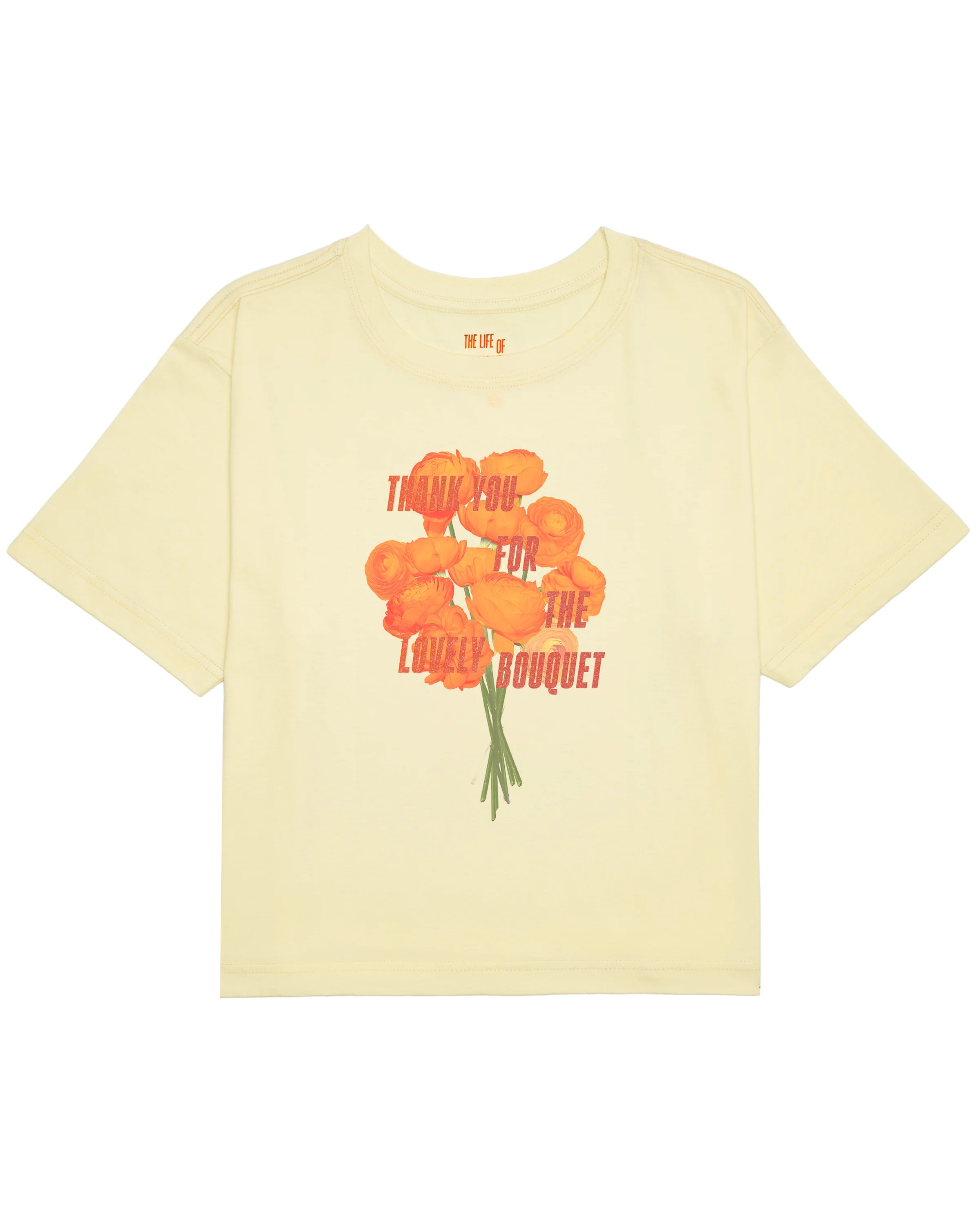 Alerts4Merch_CA's tweet card. YELLOW CROPPED T-SHIRT FEATURING "THANK YOU FOR THE LOVELY BOUQUET" SONG LYRICS IN ORANGE SPARKLE PRINT AND ORANGE FLOWER DESIGN PRINTED ON FRONT.   CROPPED FIT.100% COTTON   LIMIT 4 PER ORDER.MACH...