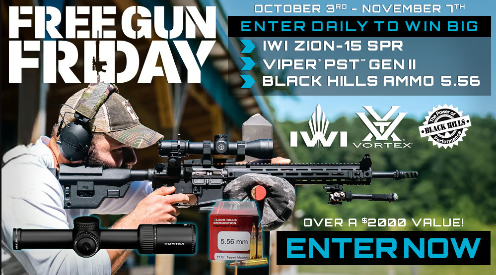 DCool99's tweet card. Free Gun Friday October: IWI Zion 15 SPR and Vortex Viper PST Gen II and Black Hills Ammo If the contest is not loading, Click Here