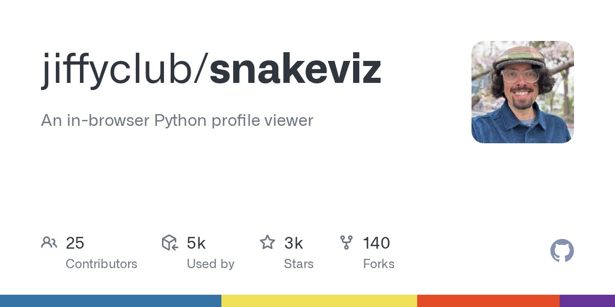 realpython's tweet card. An in-browser Python profile viewer. Contribute to jiffyclub/snakeviz development by creating an account on GitHub.