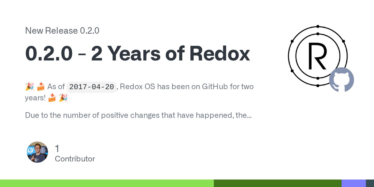 redox_os's tweet card. 🎉 🍰 As of 2017-04-20, Redox OS has been on GitHub for two years! 🍰 🎉 Due to the number of positive changes that have happened, the version has been bumped to 0.2! Please discuss this release on...
