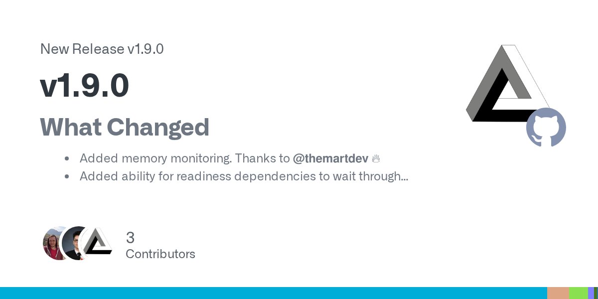ProcessCompose's tweet card. What Changed Added memory monitoring. Thanks to @themartdev 🔥 Added ability for readiness dependencies to wait through process restarts. Issue #189 Added an argument to disable .env file loading. ...