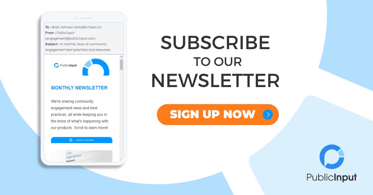 Public_Input's tweet card. Get all the latest news, insights, and resources in community engagement. Check out further community engagement software updates from PublicInput in this newsletter.