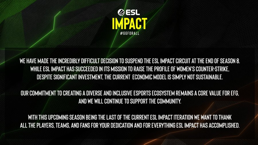 CS2Grove's tweet card. The news significantly affects the women's Counter-Strike ecosystem, with teams and players now searching for new avenues to compete. via @ESLImpact on X ESL have made the tough decision to terminate...