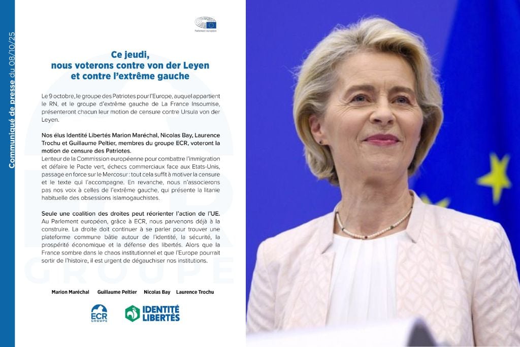 shortman5427's tweet card. This Thursday, October 9, 2025, the French delegation of Identity and Democracy/Conservatives and Reformists Europe (IDL/ECR) will vote in favor of a censure