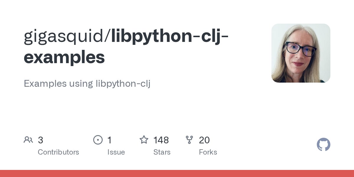 agilecreativity's tweet card. Examples using libpython-clj. Contribute to gigasquid/libpython-clj-examples development by creating an account on GitHub.