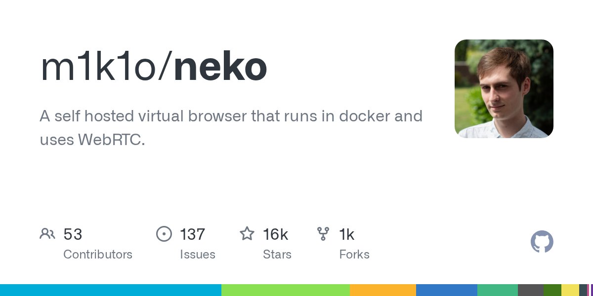 TInfinityDevops's tweet card. A self hosted virtual browser that runs in docker and uses WebRTC. - m1k1o/neko