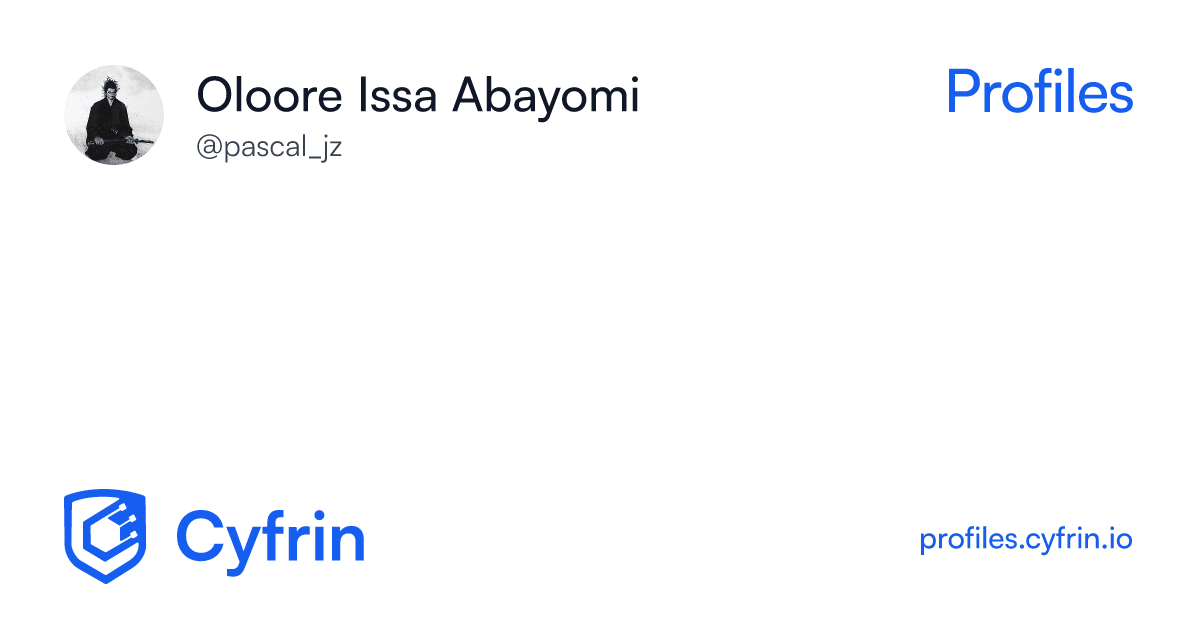 0x__Pascal's tweet card. Oloore Issa Abayomi's Cyfrin Profile page. Discover protocols they've secured, the Cyfrin CodeHawks competitions they've participated in, the Cyfrin Updraft courses completed, and more. - Profiles by...