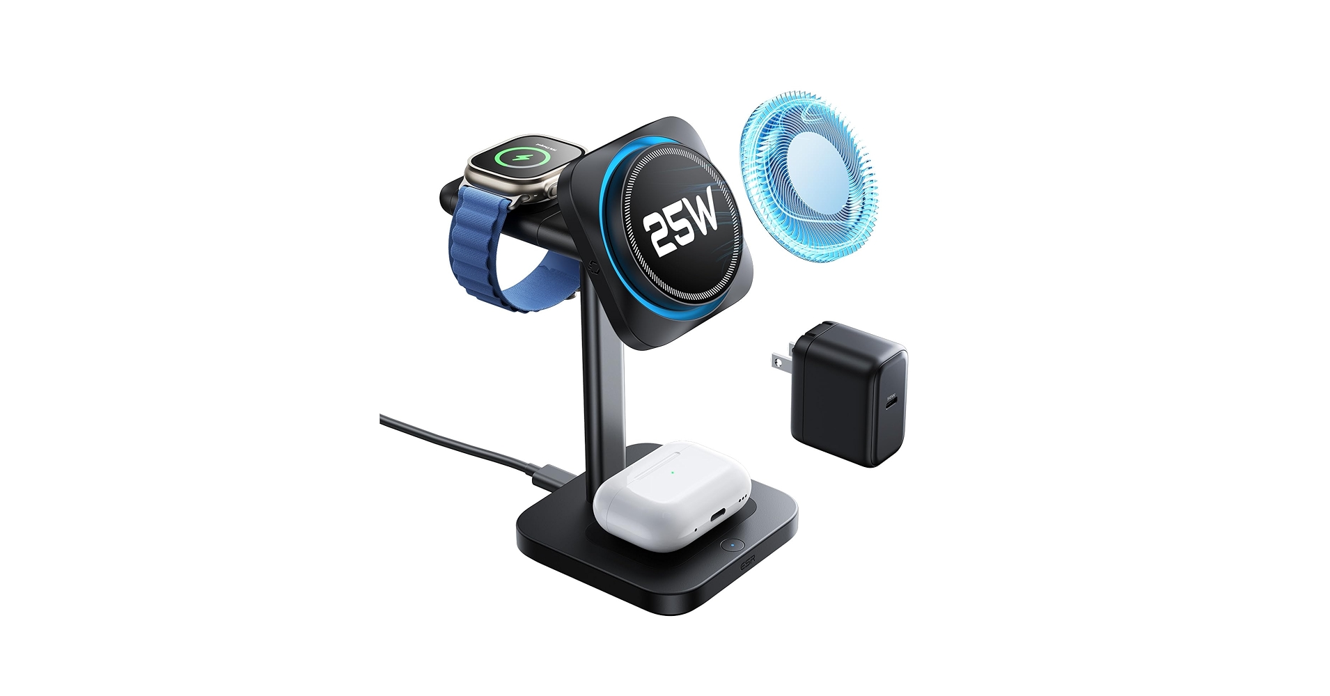 TechWithAaronHD's tweet card. ESR for 3-in-1 Charging Station, Qi2.2 Certified 25W MagSafe Charger Stand with CryoBoost, Phone-Cooling Fast Charging Station, for iPhone 17/16 with IOS 26, AirPods, Apple Watch, Black Included:1*...