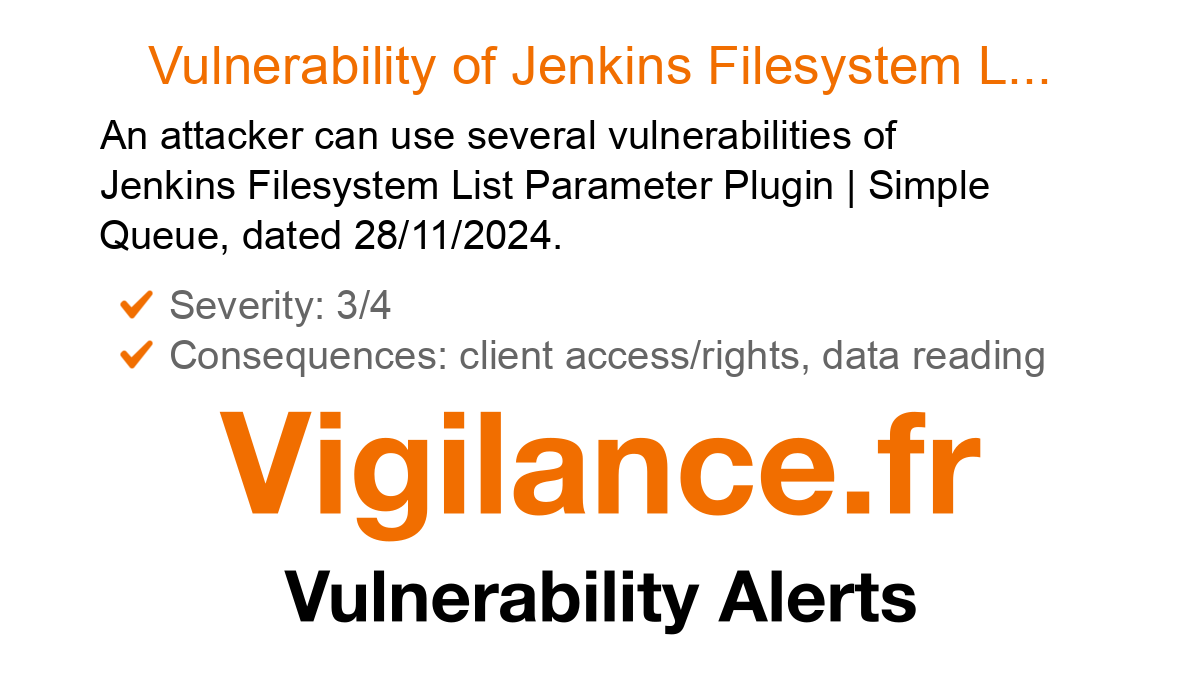 vigilance_en's tweet card. An attacker can use several vulnerabilities of Jenkins Filesystem List Parameter Plugin | Simple Queue, dated 28/11/2024, identified by CVE-2024-54003, CVE-2024-54004.