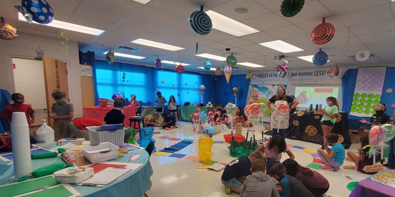 MathMindset's tweet card. Citrus Grove Elementary students moved through a life-sized version of Candy Land to complete interactive lessons.