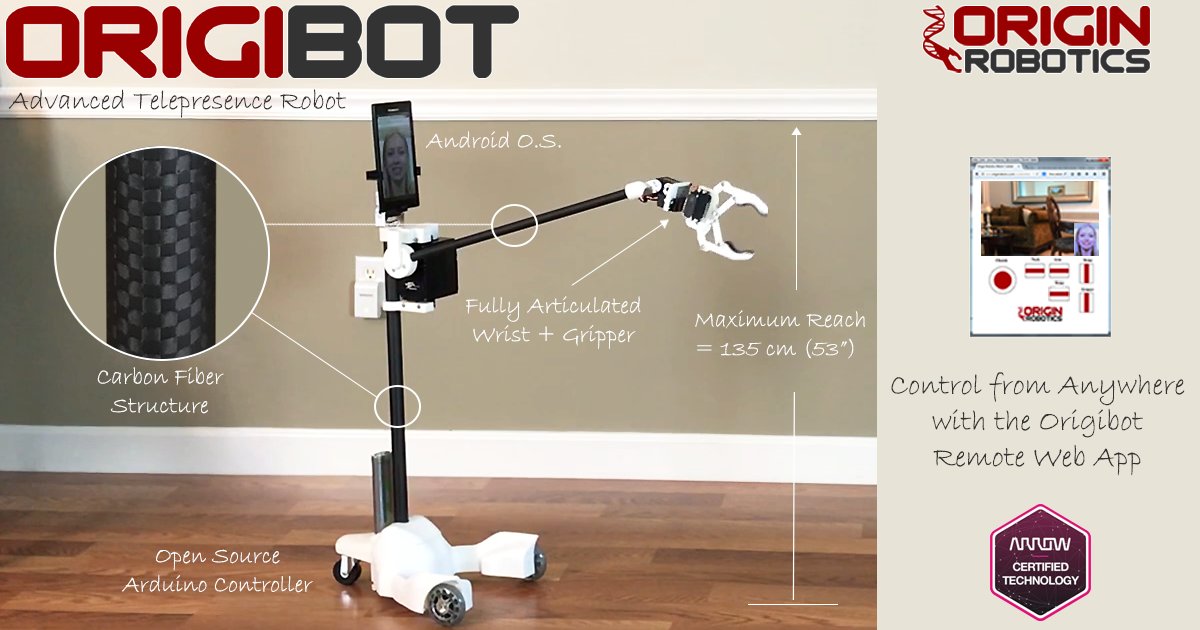 OriginRobotics's tweet card. ORIGIBOT2 Advanced 3D Printed Carbon Fiber Telepresence Robot Platform with Arm and Gripper