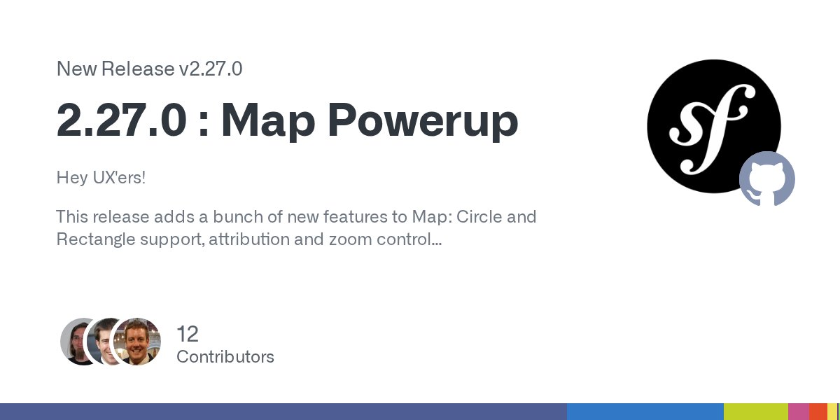 HugoAlliaume's tweet card. Hey UX'ers! This release adds a bunch of new features to Map: Circle and Rectangle support, attribution and zoom control options, and more. Fixes, improvements, and optimizations are also inclu...