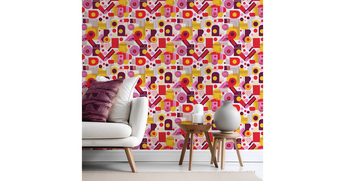 ArrayStores's tweet card. This Memphis-inspired geometric abstract design brings a modern twist to mid-century style with it's playful shapes and bold palette of red orange, r pink, wine and yellow on a crisp white backgrou...