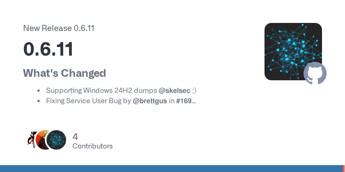 SkelSec's tweet card. What's Changed Supporting Windows 24H2 dumps @skelsec :) Fixing Service User Bug by @brettgus in #169 Fix Python 3.12 SyntaxWarning (use raw strings) by @X0RW3LL in #163 aesKey extraction by @...