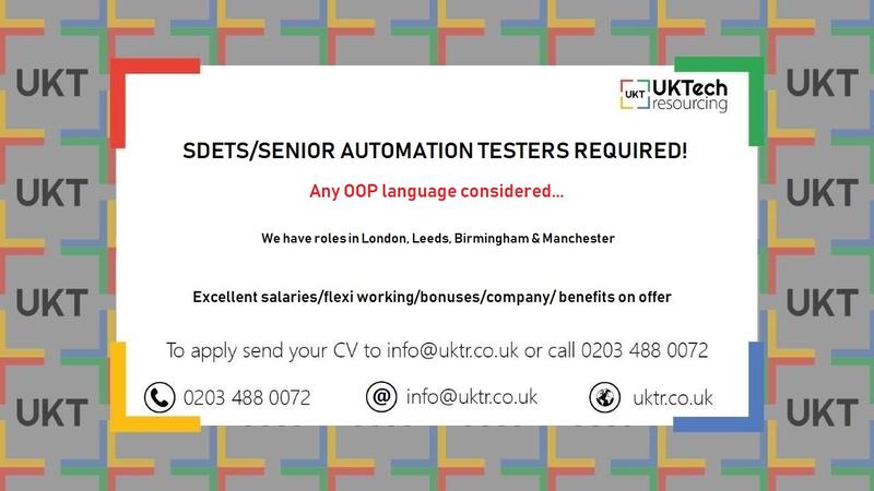 UktechR's tweet card. UKTR require a number of SDETs at various locations across the UK - excellent salaries/company benefits and flex working options on offer for all roles - see details below.... #sdet #automationtest...