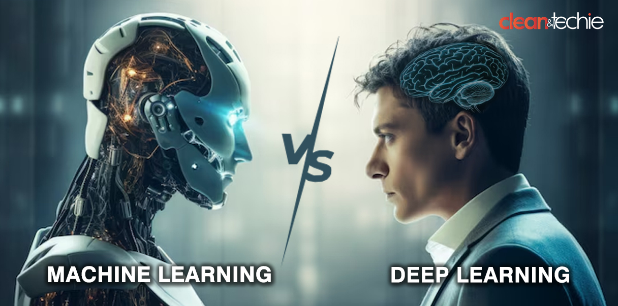 Clean_andtechie's tweet card. Discover differences between machine learning and Vs deep learning. Learn how these AI techniques are used to analyze data, make predictions.