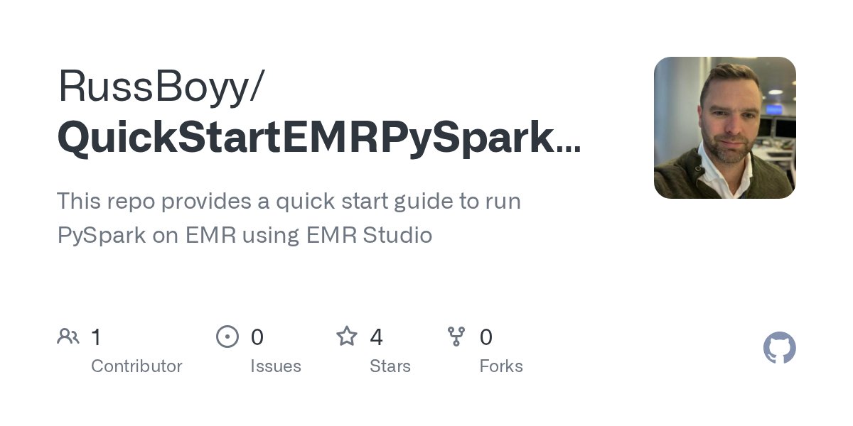 awsanalytics's tweet card. This repo provides a quick start guide to run PySpark on EMR using EMR Studio - RussBoyy/QuickStartEMRPySparkGuide