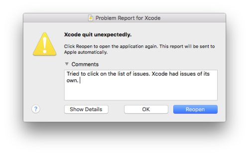 XcodeHasCrashed's tweet card. Xcode really needs a new psychiatrist.