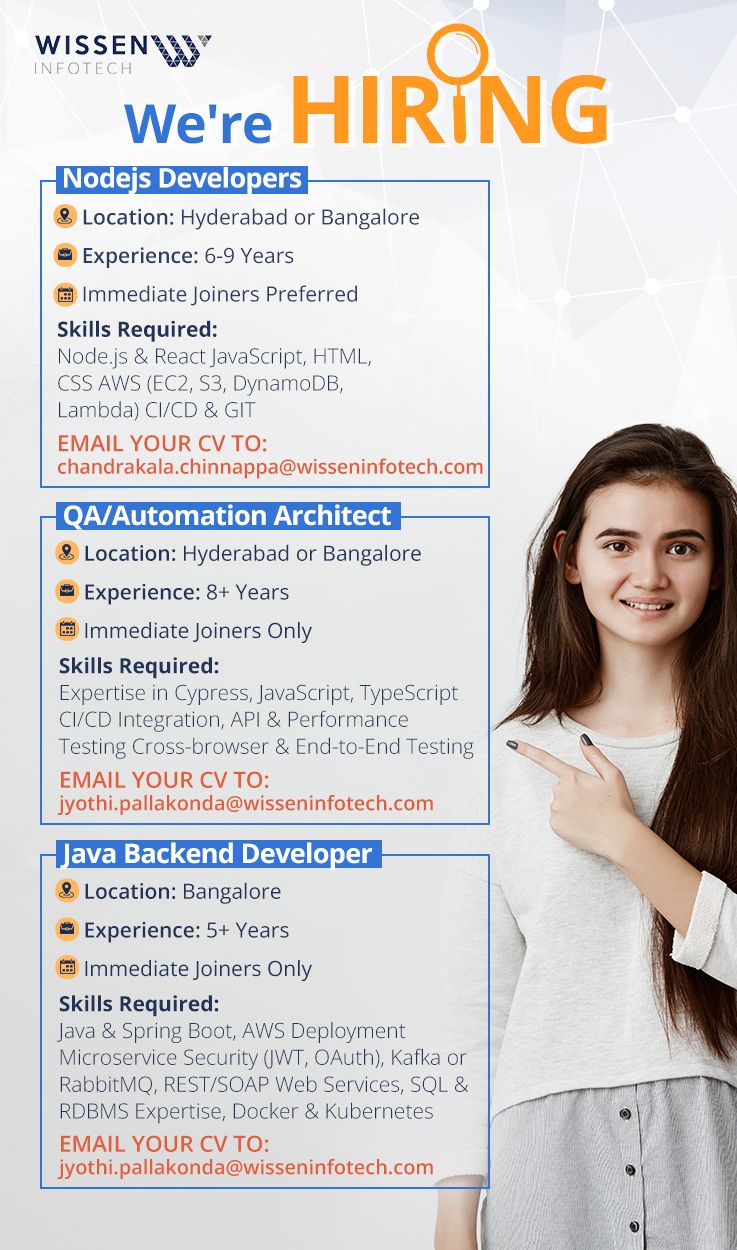 Wissen_WIPL's tweet card. We’re Hiring! Join our team at Wissen Infotech in Bangalore or Hyderabad! We have exciting opportunities for experienced professionals in the following roles: 𝟏. 𝐍𝐨𝐝𝐞𝐣𝐬 𝐃𝐞𝐯𝐞𝐥𝐨𝐩𝐞𝐫𝐬 📍...